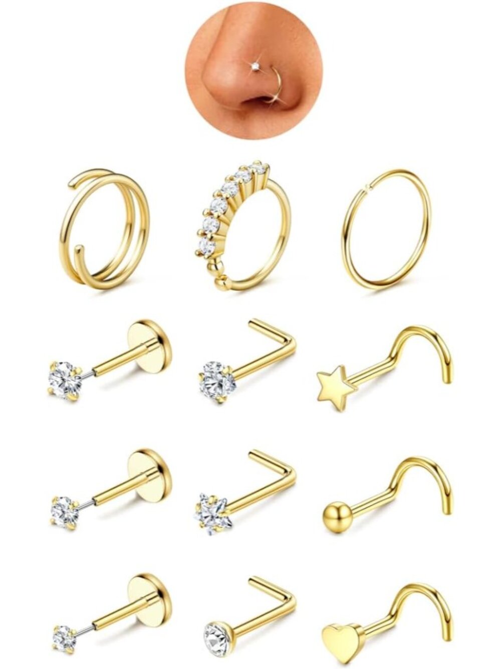 Nose Rings for Women - 14K Gold Filled Hypoallergenic Surgical Steel Nose Ring H